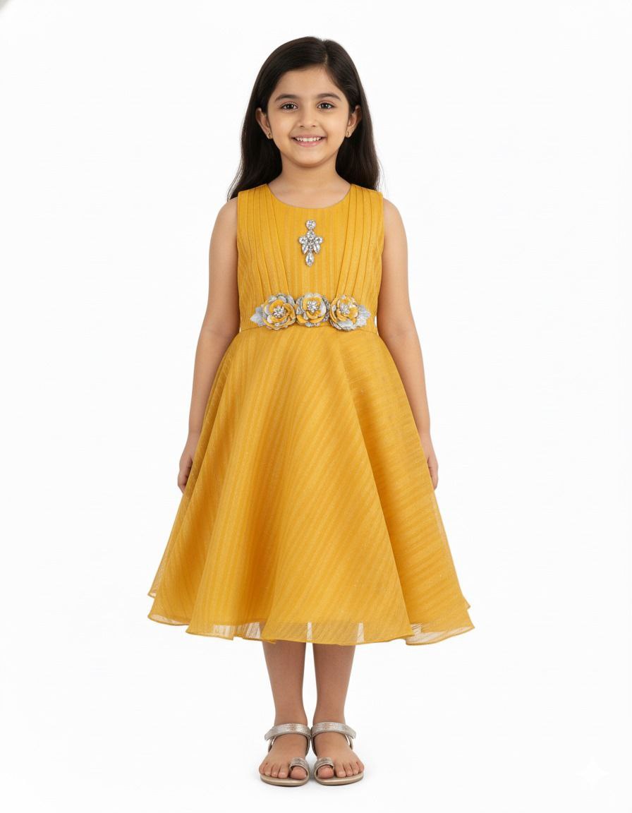 Golden Bloom Pleated Party Dress
