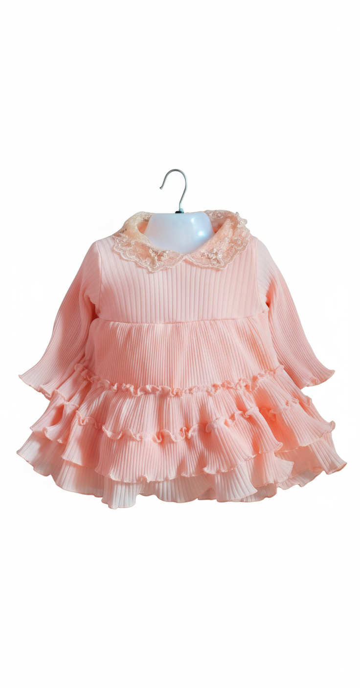 Baby Girls’ Soft Knit Ruffle Dress – Peach Pink (Winter/Autumn Wear)