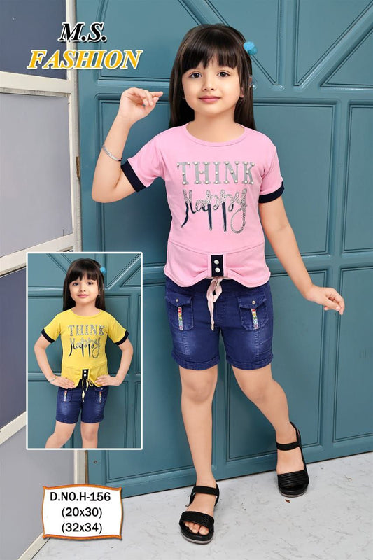 Printed Top with Denim Shorts Combo