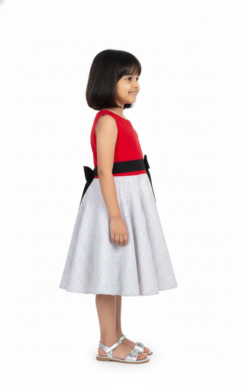 Red & White Polka-Dot Party Dress with Black Bow Waistband