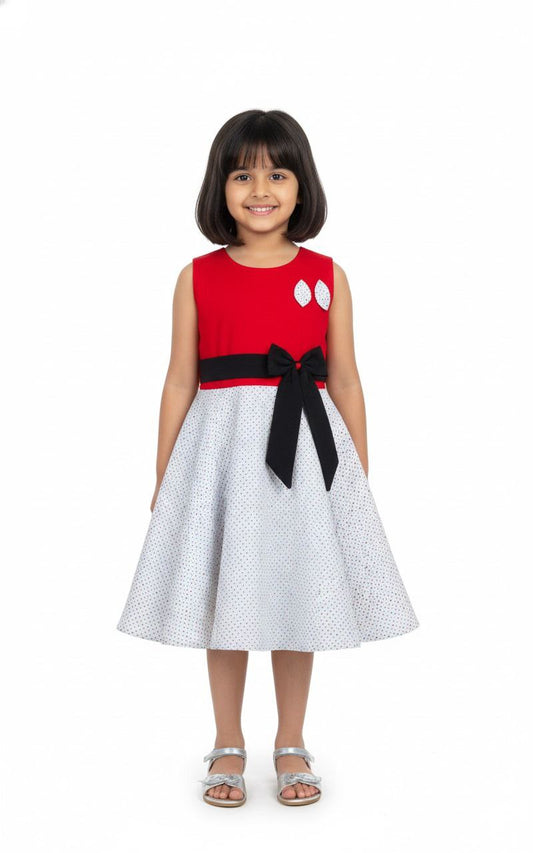 Red & White Polka-Dot Party Dress with Black Bow Waistband