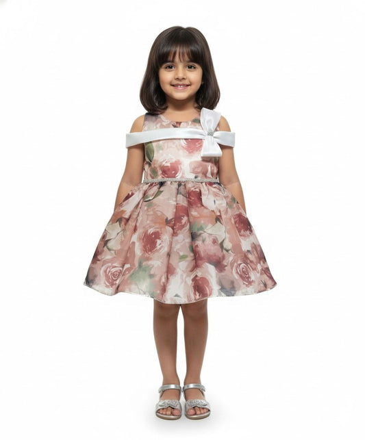 Girls Floral Rose-Print Party Dress with White Sash & Bow