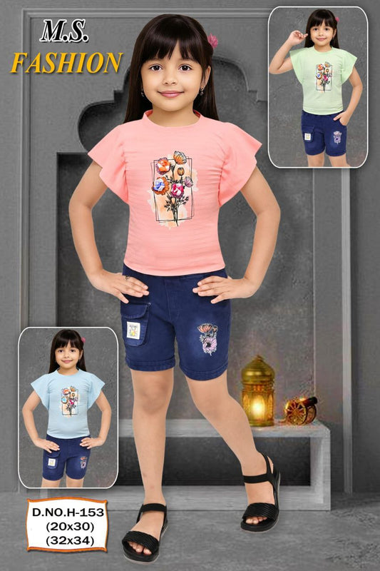 M.S. Fashion – Girls Floral Printed Top & Denim-Style Shorts Set (D.NO.H-153)