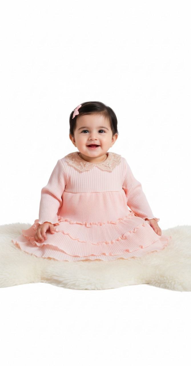 Baby Girls’ Soft Knit Ruffle Dress – Peach Pink (Winter/Autumn Wear)