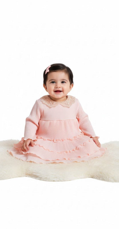 Baby Girls’ Soft Knit Ruffle Dress – Peach Pink (Winter/Autumn Wear)