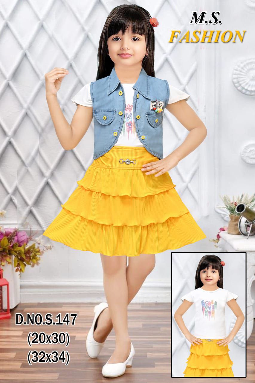 Girls’ 3-Piece Fashion Set – Denim Vest, Printed Top & Layered Skirt (Style S-147)